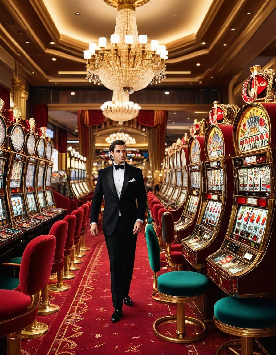 A scene of an opulent, luxurious casino with sparkling chandeliers, gold-plated slot machines, and an exclusive VIP area with red velvet ropes. A stylish gambler in a tuxedo is pulling the lever of a slot machine, surrounded by a backdrop of rich colors and glimmering lights, capturing the high-stakes excitement. painting. vibrant colors. white background.