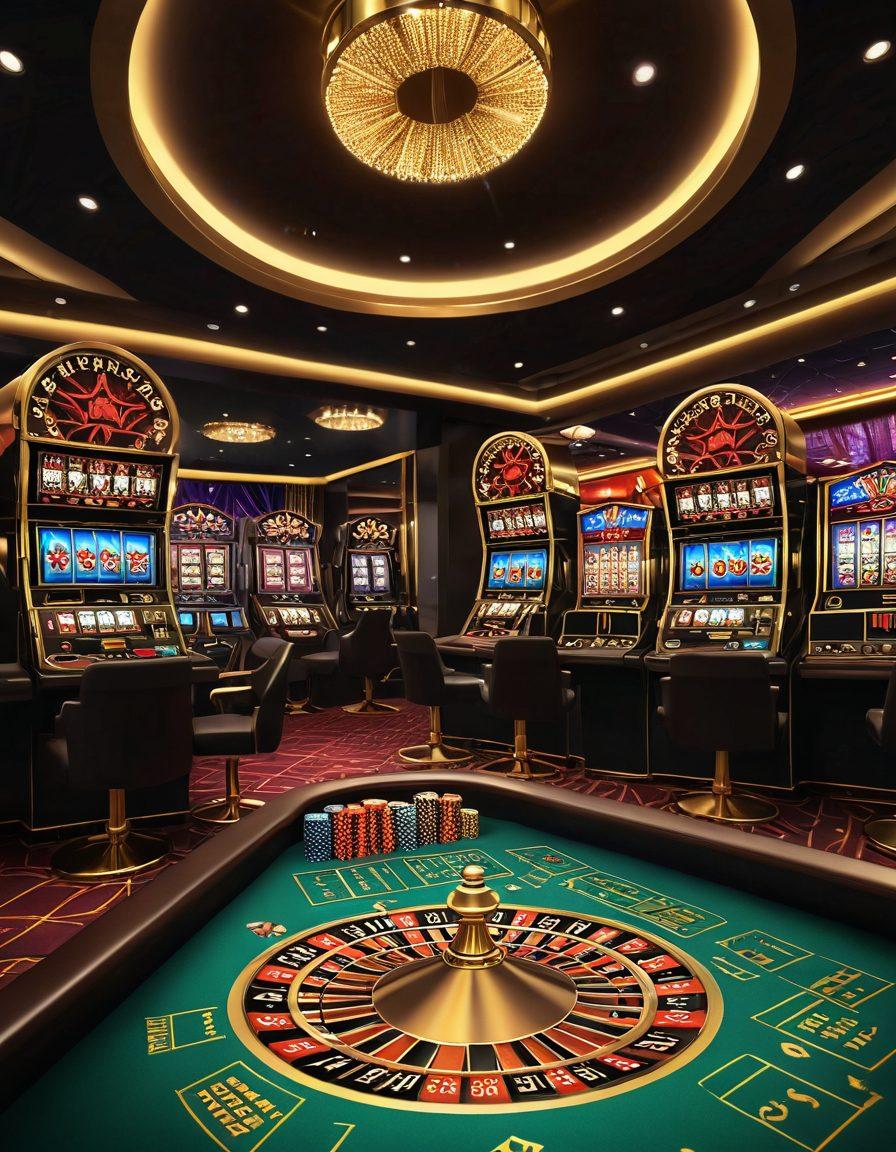 A luxurious online casino environment with a roulette wheel, slot machines, and digital tournament leaderboard. Features golden VIP signs, shiny poker chips, and elegant virtual cards floating in a sparkling, neon-lit room. Excitement and glamour radiate from the scene. 3D. vibrant colors. high contrast.
