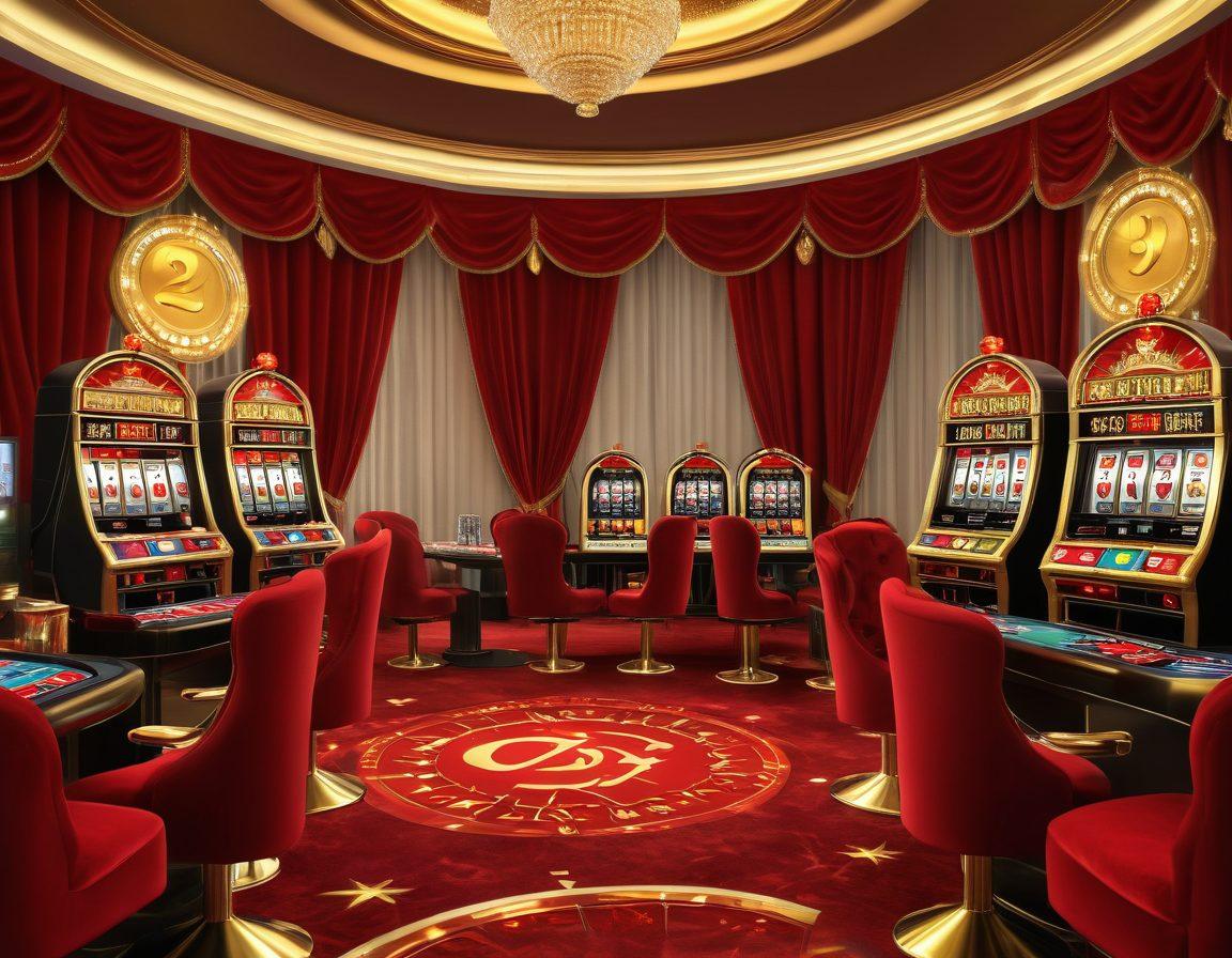 A luxurious online casino scene with glowing slot machines, shimmering gold coins, and sparkling high roller jackpot signs; rich, deep red velvet drapes and plush seating in the background; around the games are elegantly dressed characters celebrating their wins. Vibrant colors. Super-realistic. 3D.